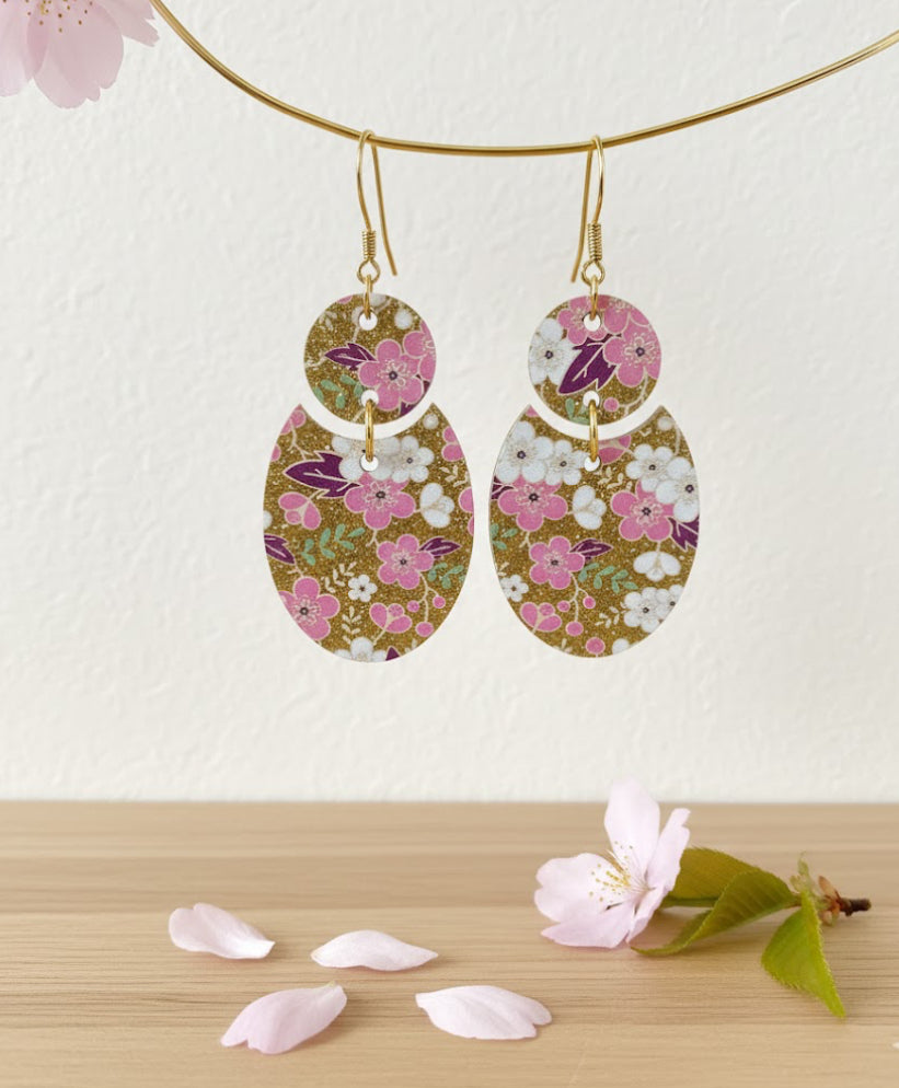 Gold Glitter Pink Flower Earrings