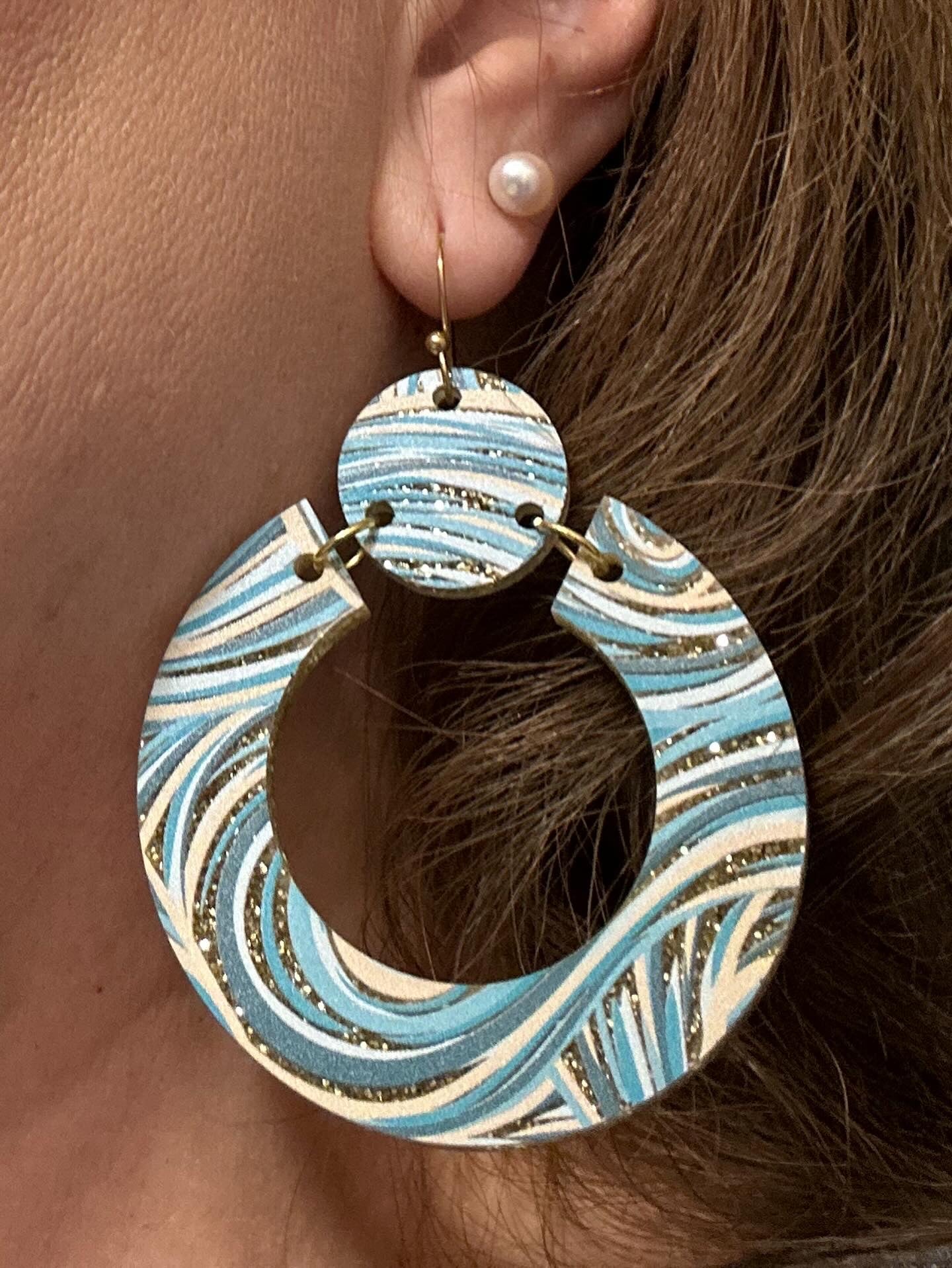 Acrylic Teal, and Gold Glitter Swirl Round Earrings.