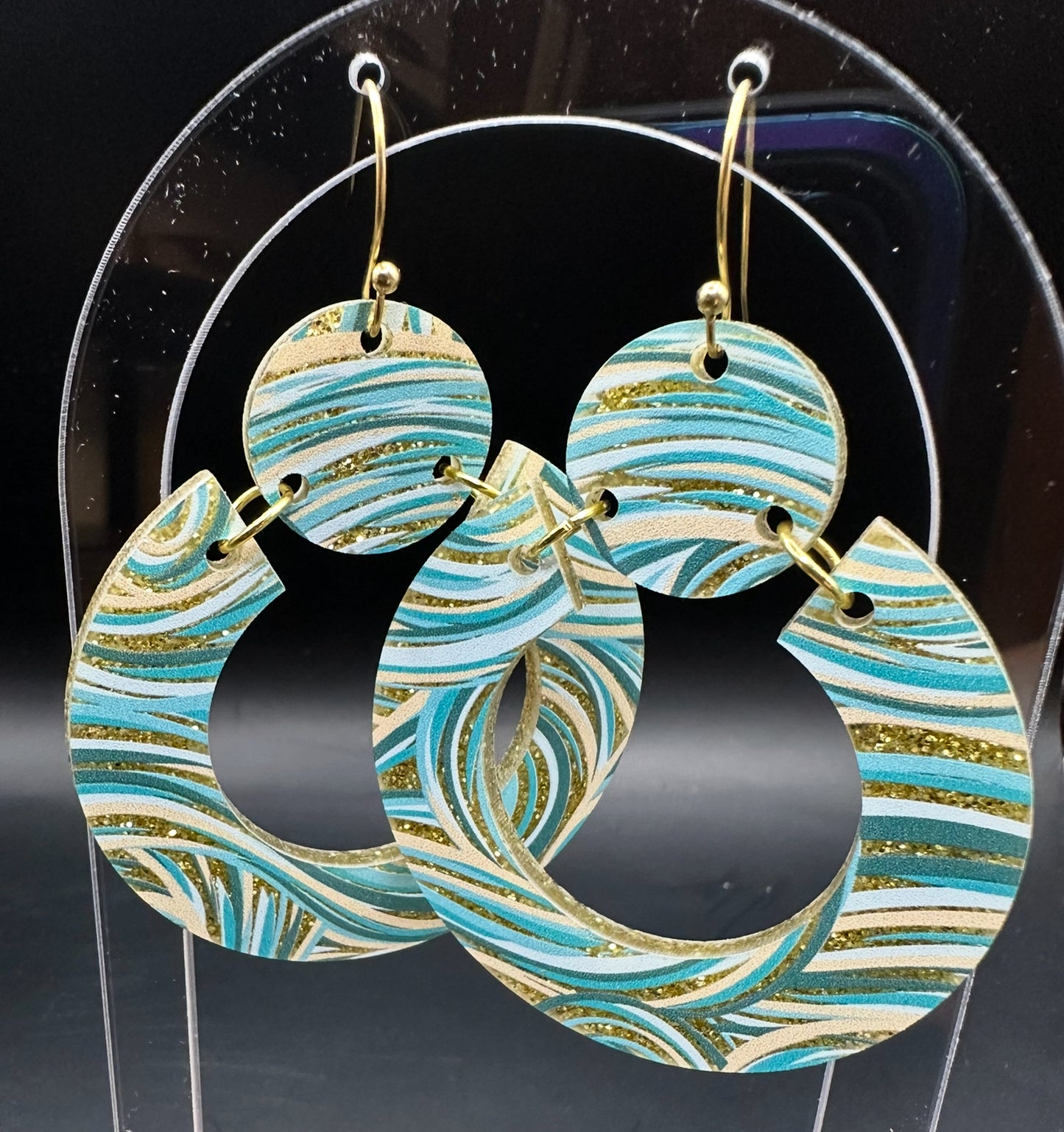 Acrylic Teal, and Gold Glitter Swirl Round Earrings.