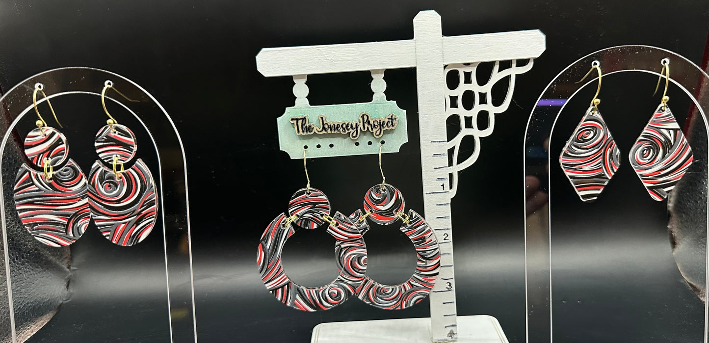 Red, Black, Gray, White Swirl Acrylic Earrings