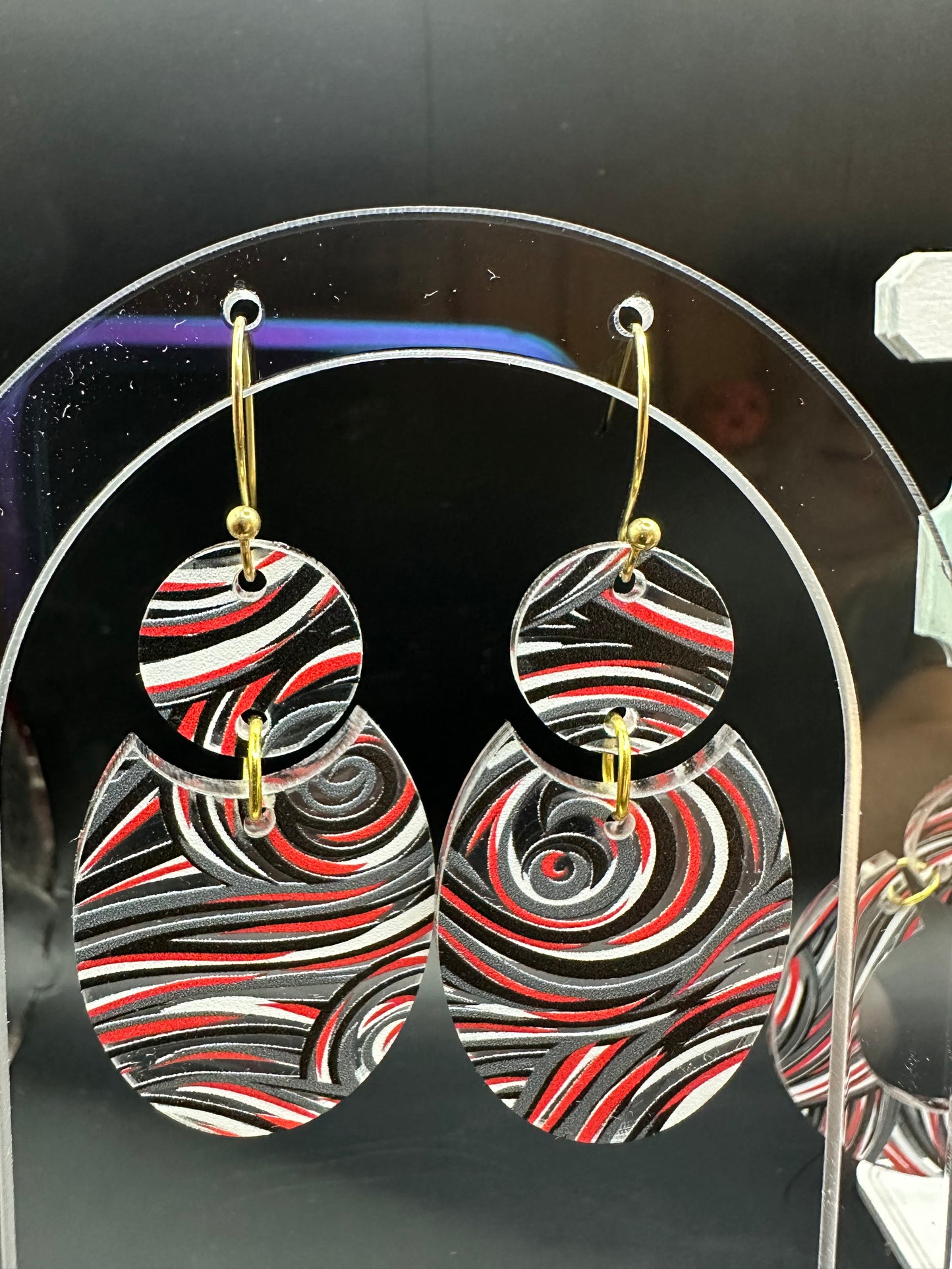 Red, Black, Gray, White Swirl Acrylic Earrings