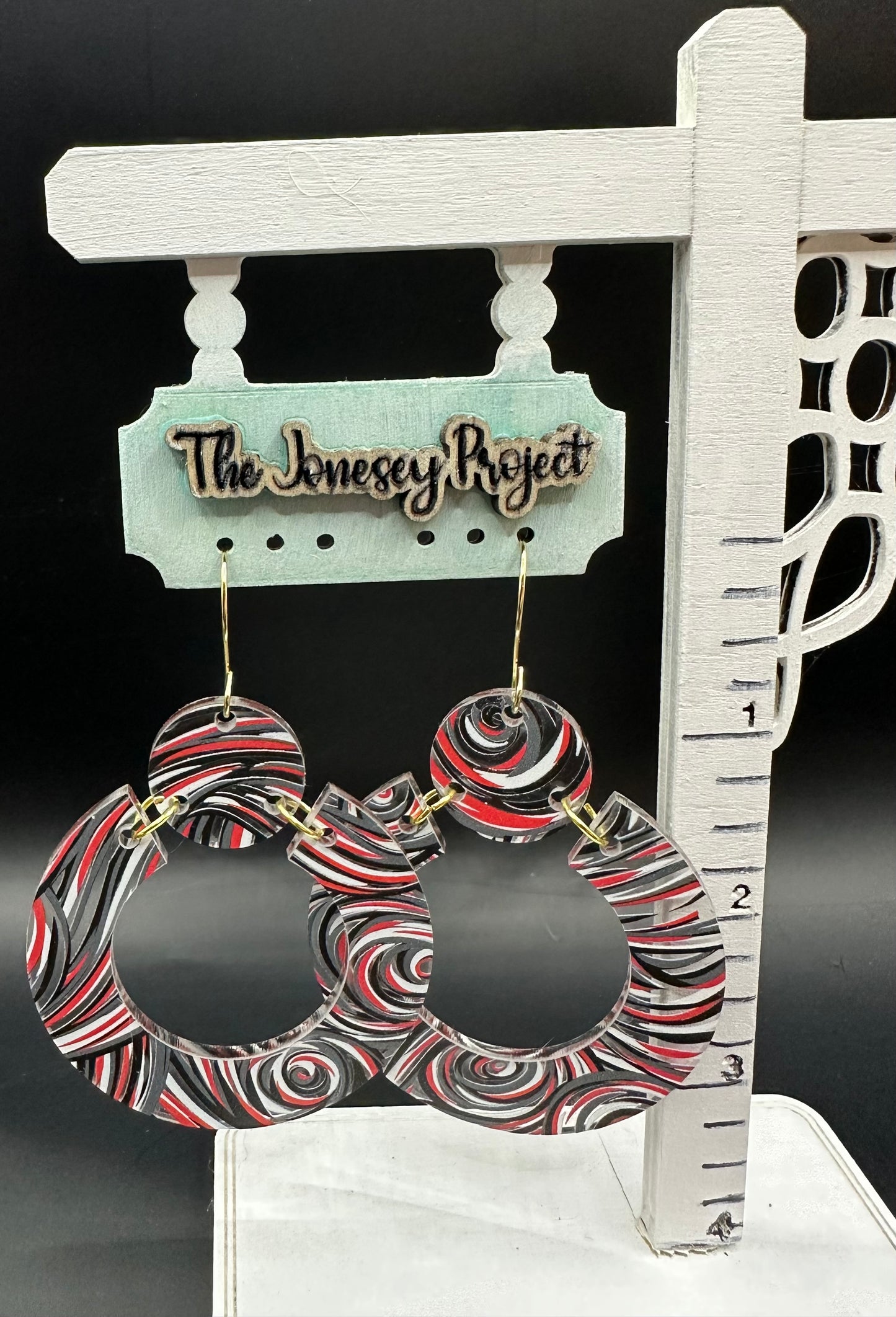 Red, Black, Gray, White Swirl Acrylic Earrings