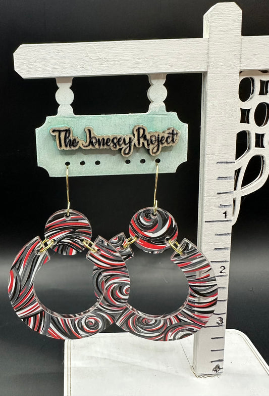 Red, Black, Gray, White Swirl Acrylic Earrings