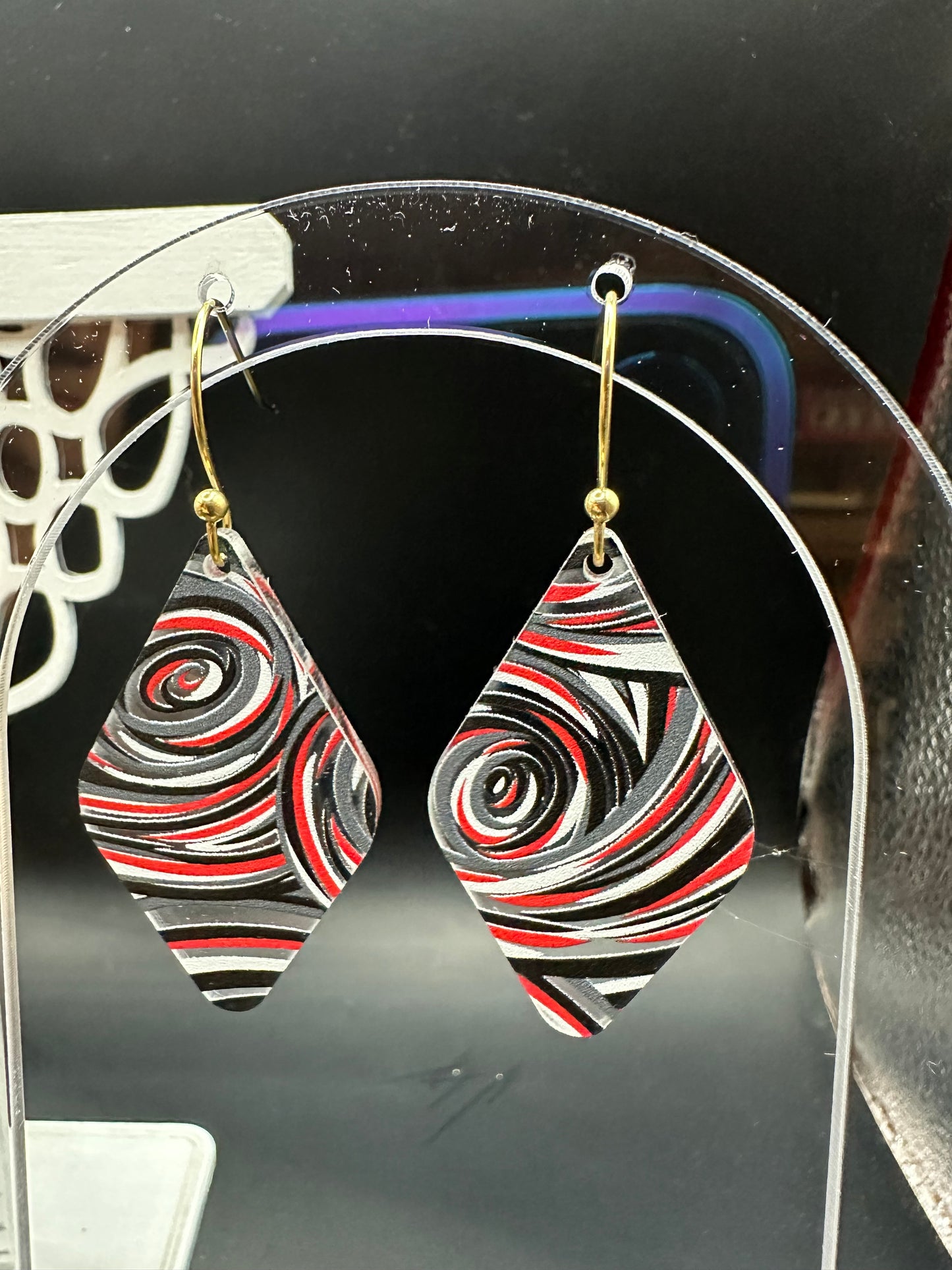 Red, Black, Gray, White Swirl Acrylic Earrings