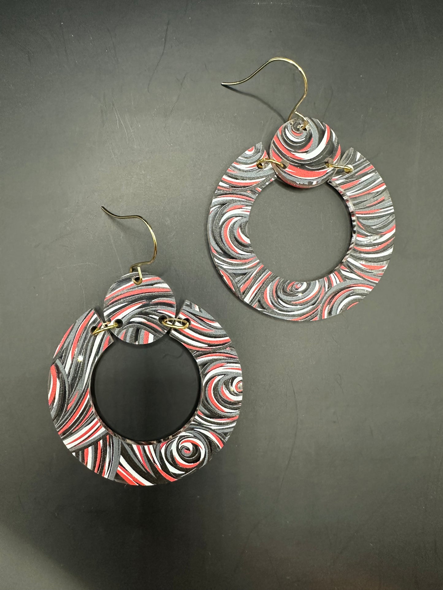 Red, Black, Gray, White Swirl Acrylic Earrings
