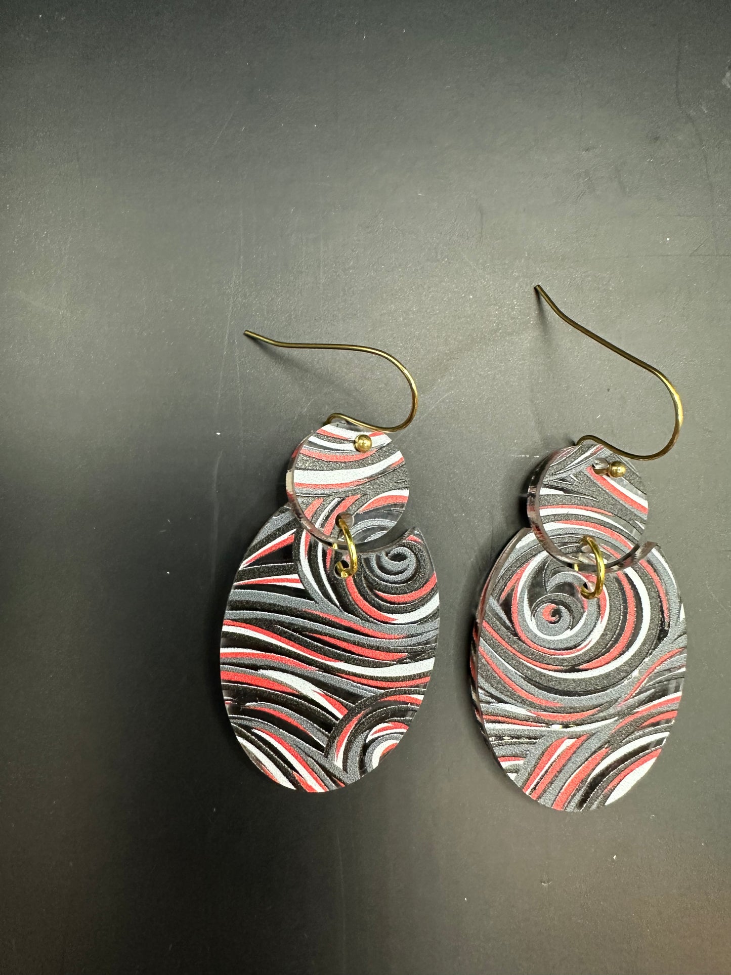 Red, Black, Gray, White Swirl Acrylic Earrings