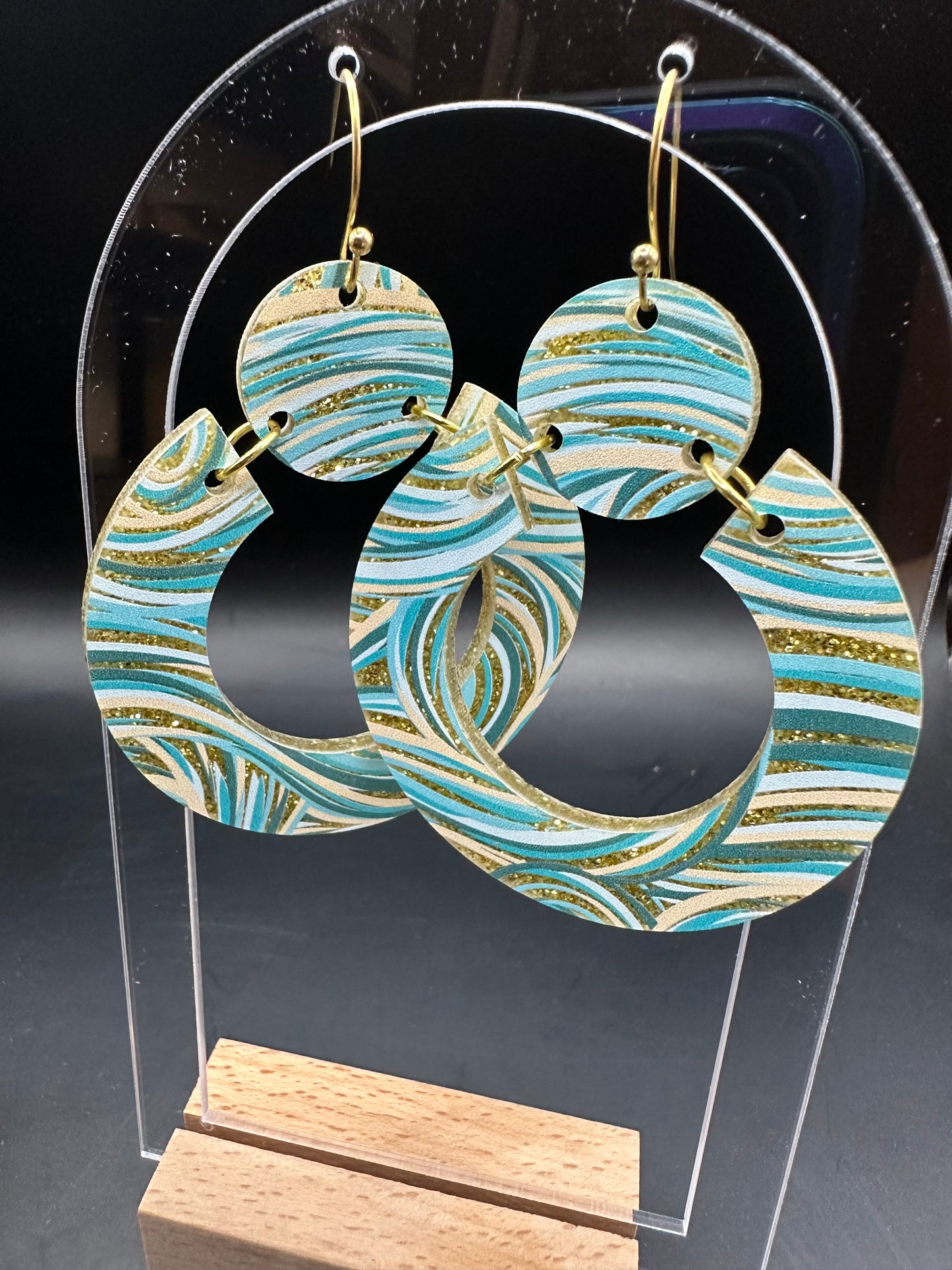 Acrylic Teal, and Gold Glitter Swirl Round Earrings.