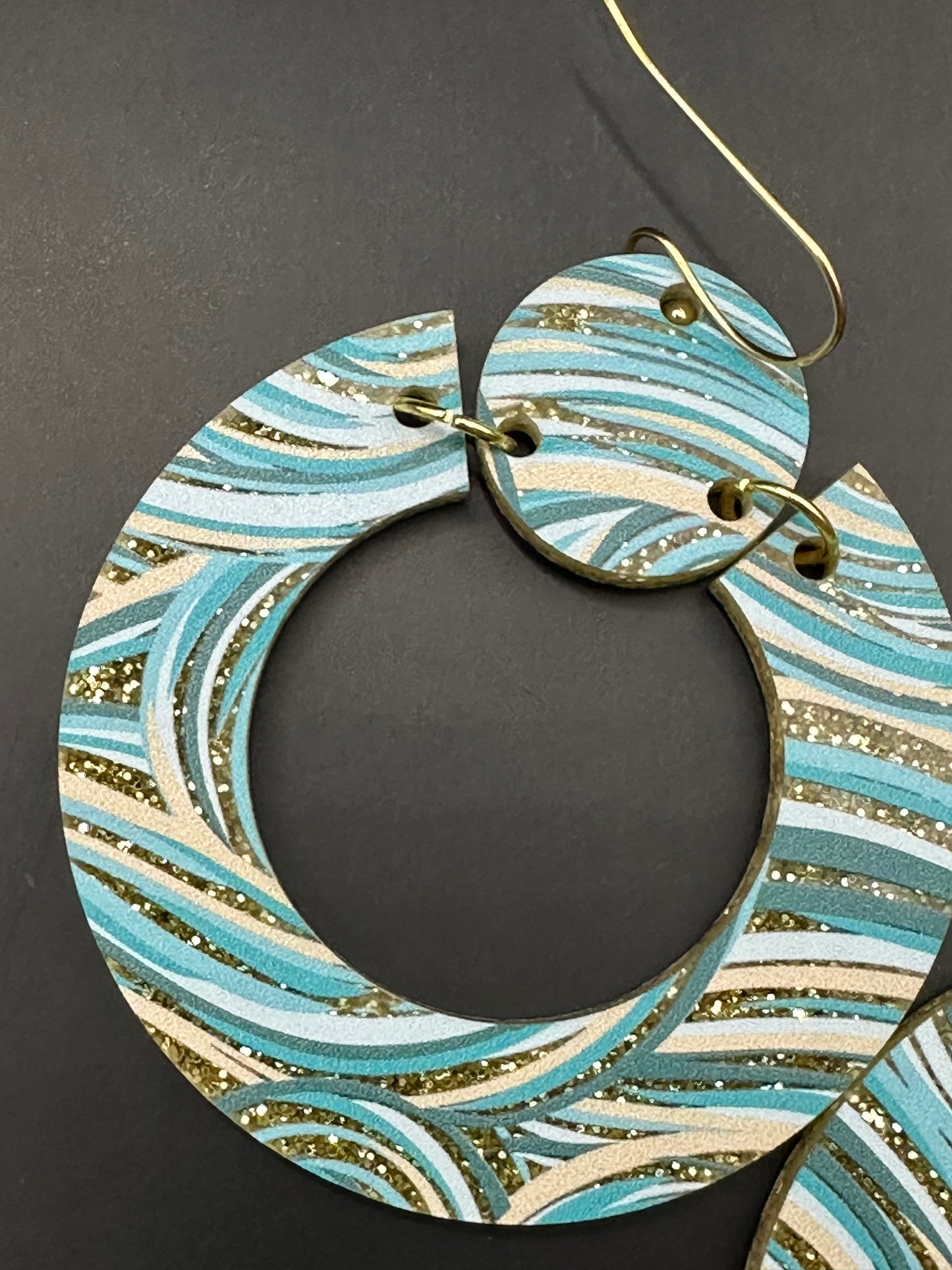 Acrylic Teal, and Gold Glitter Swirl Round Earrings.